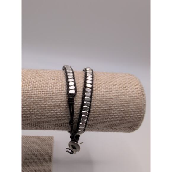 STELLA & Dot Silver Tone nugget Brown Leather Wrap Bracelet 14" - Picture 5 of 6